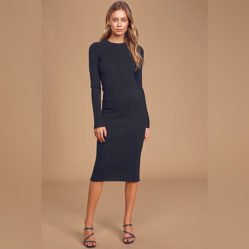 Lulu's Midi Black Sweater Dress- The Best Yet Black Ribbed Bodycon Sweater Dress